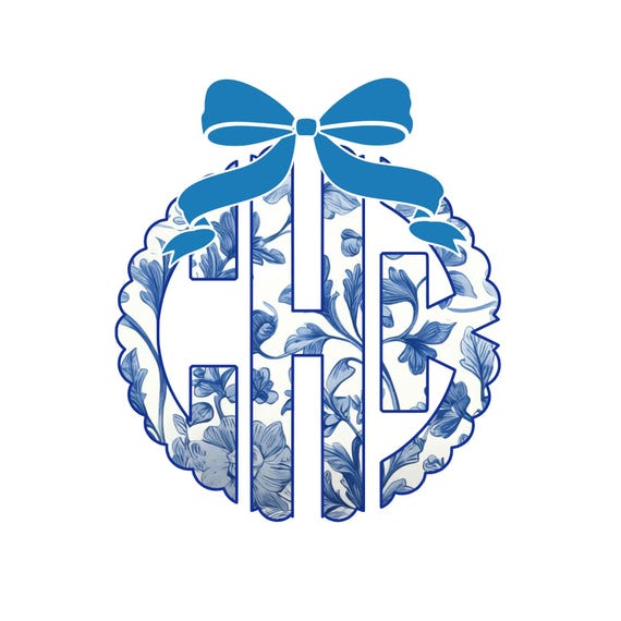 Blue Toile Custom monogram with Coquette bow, Design for a sweatshirt, Chinoisserie print