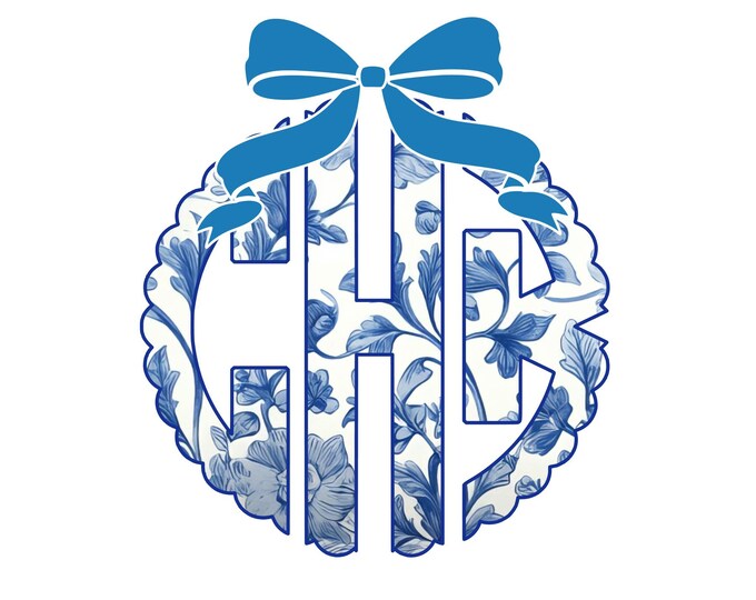 Blue Toile Custom monogram with Coquette bow, Design for a sweatshirt, Chinoisserie print