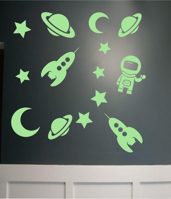 Glow in the Dark Space Wall Decals: Moon, Saturn, Rocket Set