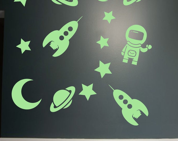 Glow in the Dark Space Wall Decals: Moon, Saturn, Rocket Set