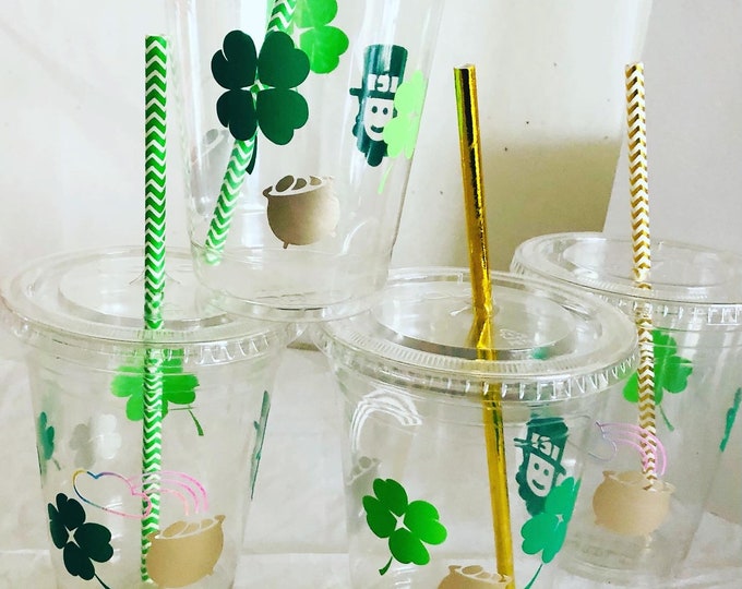 St. Patrick's Day Party Cups: 16 oz Recyclable Plastic Cups with Straws