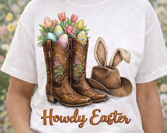 Western Easter Boots Shirt, Bunny Eggs Cowgirl Graphic Tee