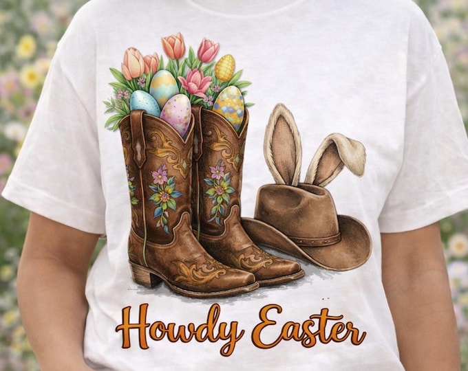 Western Easter Boots Shirt, Bunny Eggs Cowgirl Graphic Tee