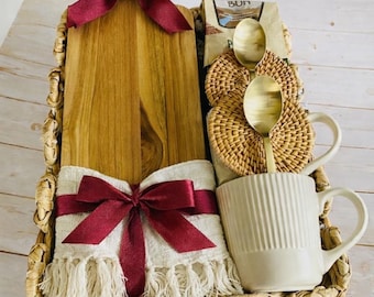 Housewarming Gift Basket | Mugs, Tea, Chocolate & Wood Bread Board