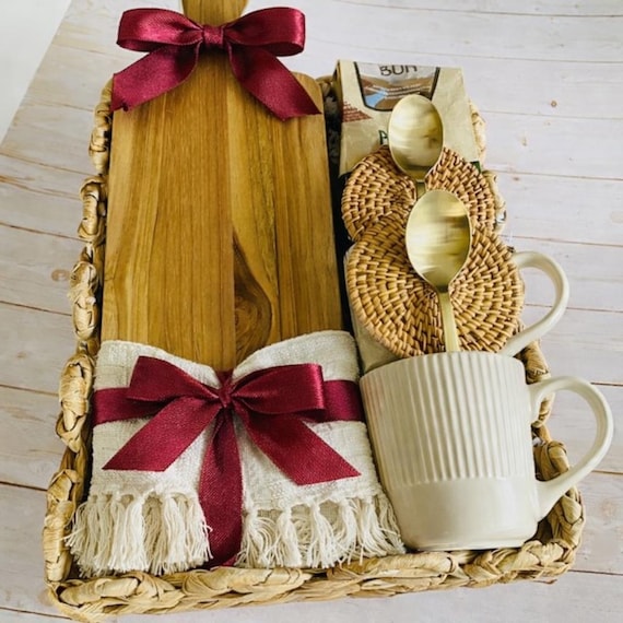 Housewarming Gift Basket | Mugs, Tea, Chocolate & Wood Bread Board