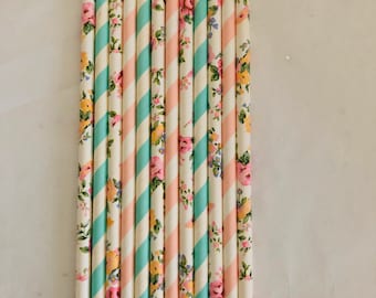 Aqua and Pink Floral Paper Straws, Garden Party, Biodegradable Straws, Gifts