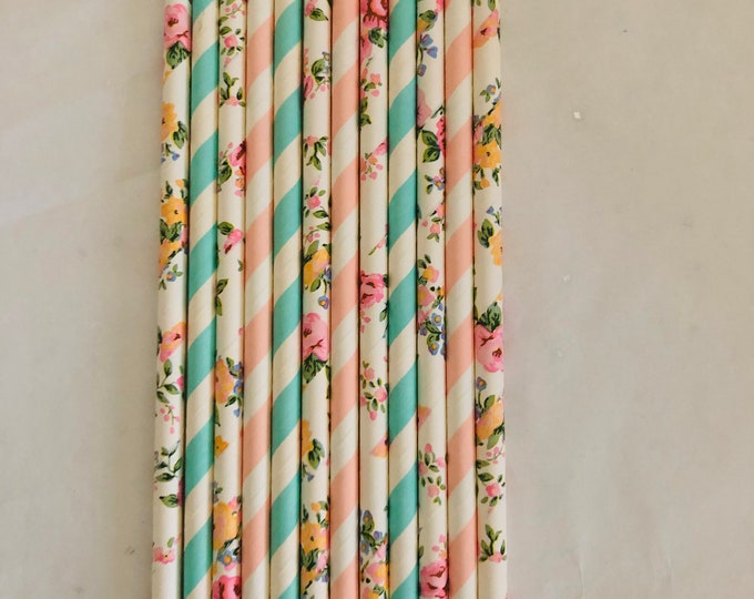 Aqua and Pink Floral Paper Straws, Garden Party, Biodegradable Straws, Gifts