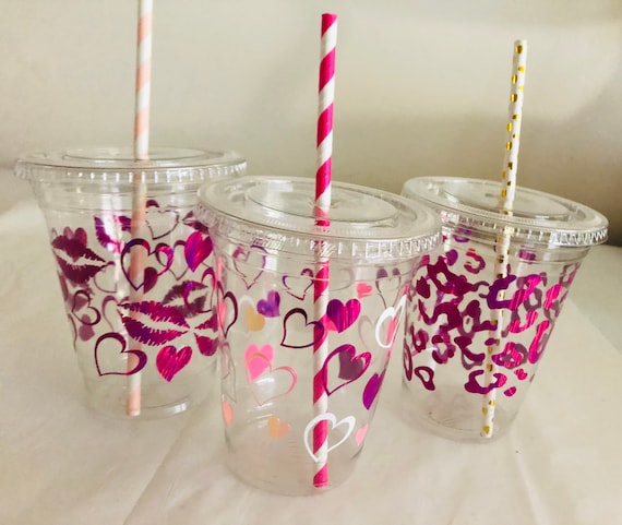 Valentines Day Party Cups, Set of Plastic Cups With Straws, Recyclable  Plastic Cup, Gifts 