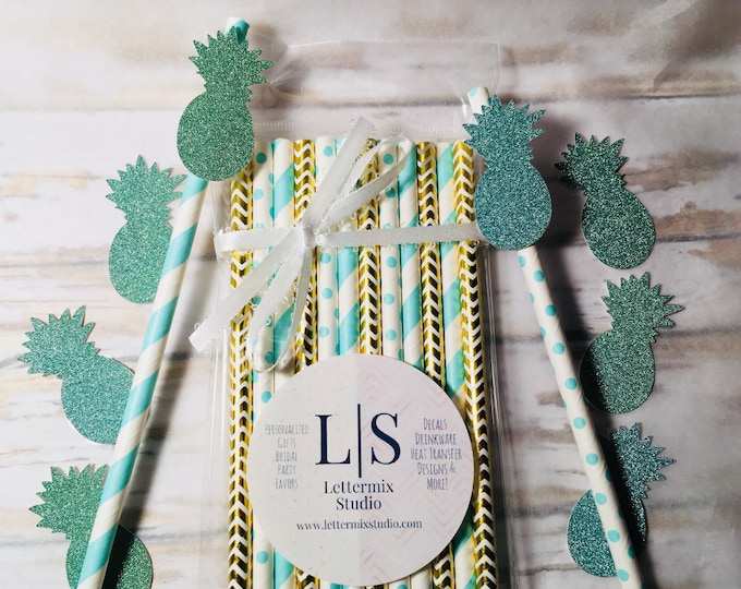 Mint and Gold Paper Straws, Pineapple theme bachelorette party, Bridesmaid Ask, Gifts
