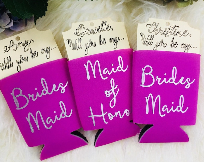 Bridesmaid proposal Can sleeve invites, Fuchsia and silver bridal party favorss, Gifts