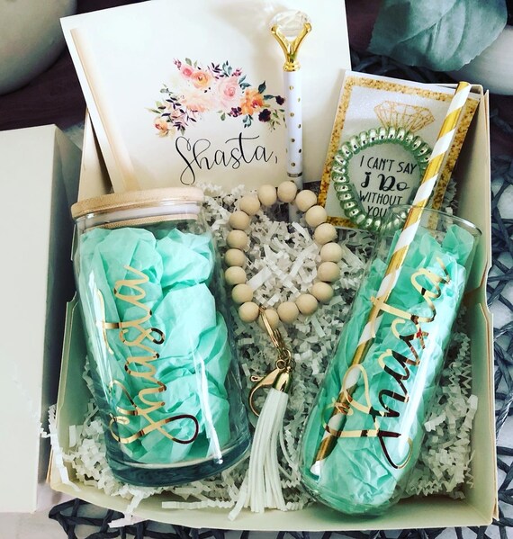 Mint & Gold Bridesmaid Proposal Box: Personalized Iced Tea Glass Set