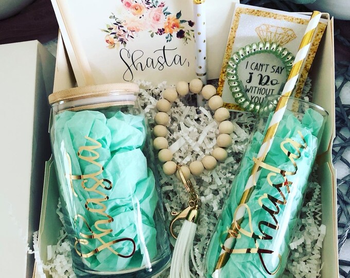 Mint & Gold Bridesmaid Proposal Box: Personalized Iced Tea Glass Set