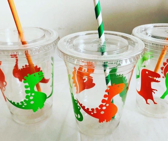 Dinosaur Birthday Party Cups: 16 oz Recyclable Plastic with Straws
