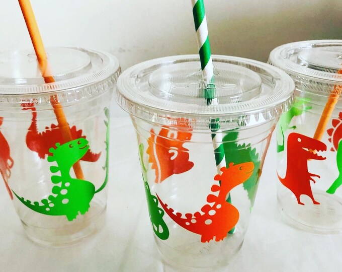 Dinosaur Birthday Party Cups: 16 oz Recyclable Plastic with Straws