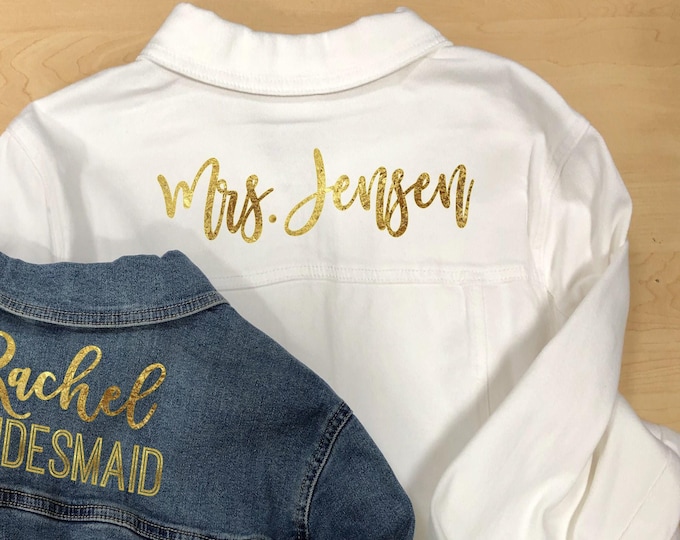 Bride Jacket Decal: Glitter or Foil Iron On Letters (Custom Colors)