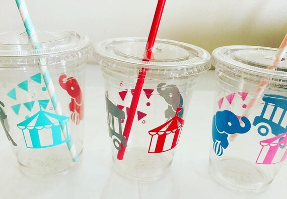 Circus Birthday Party Cups with Straws, 16 oz Recyclable Plastic