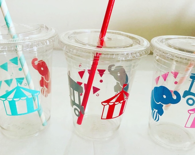 Circus Birthday Party Cups with Straws, 16 oz Recyclable Plastic
