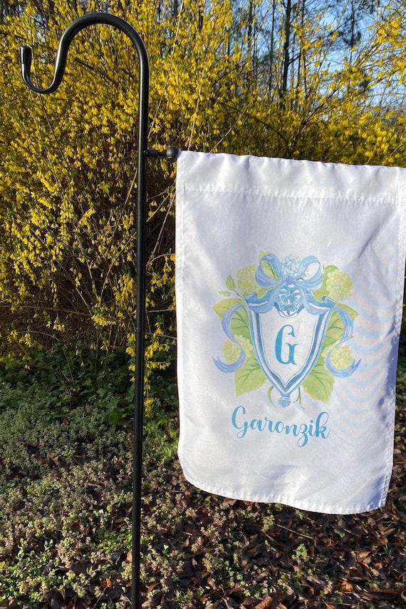 Monogram Hydrangea Garden Flag: Blue Floral Crest, Chinoiserie Gift
