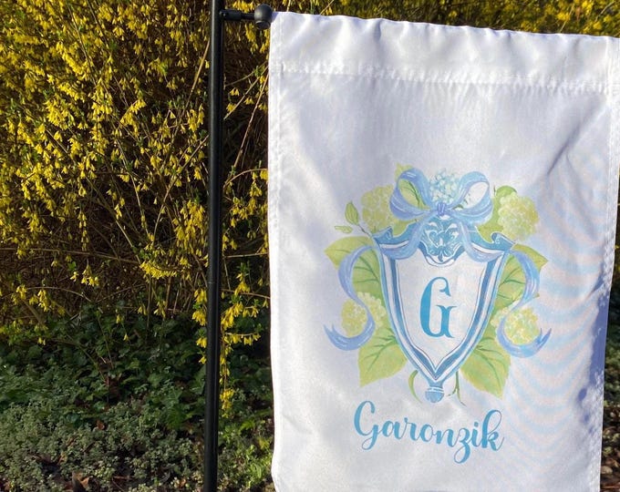 Monogram Hydrangea Garden Flag: Blue Floral Crest, Chinoiserie Gift