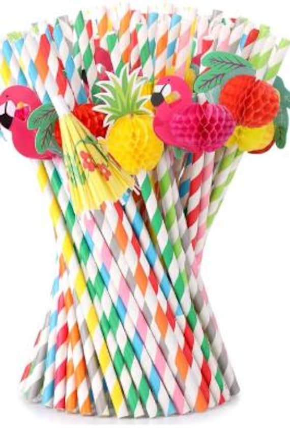 Tropical Theme Party Paper Straws, Luau Party, Flamingo, Pineapple decor