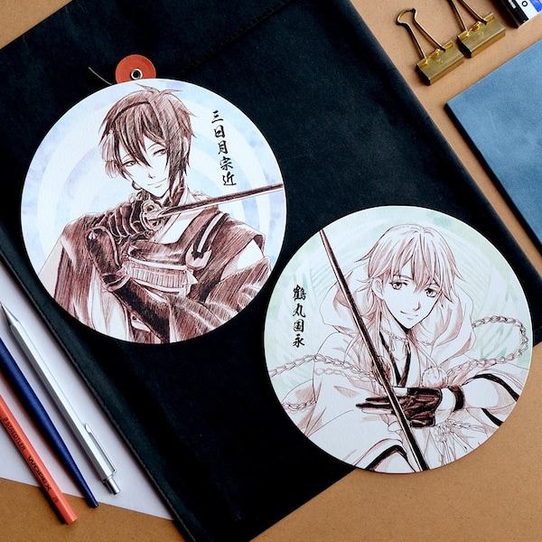 Katsugeki Touken Ranbu Sketch Anime Round Postcard - Mikazuki Munechika / Tsurumaru Kuninaga