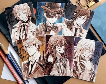 Black Butler Kuroshitsuji Sebastian Ciel Undertaker Grell Ronald Knox Charles Grey Sketch Anime Postcard