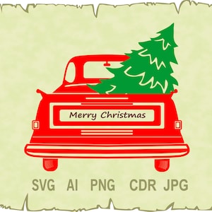 Vector de decoración navideña, camión de Navidad rojo, archivos Svg para cricut, dxf de Navidad, CNC, archivos png de navidad