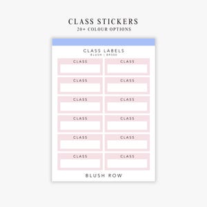 以下が含まれることがあります： 各ラベルに「CLASS」と印刷された、ブラッシュカラーのクラスラベルのシート。シートの上部には、水色のヘッダーと「CLASS STICKERS」と「20+ COLOUR OPTIONS」の文字があります。「CLASS LABELS BLUSH | BR500」と「BLUSH ROW」の文字も表示されています。