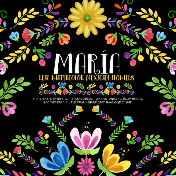 Mexican Watercolor flower clip art, Fiesta Mexicana, Mexican Party, Clipart PNG, hand painted, Mexican colorful