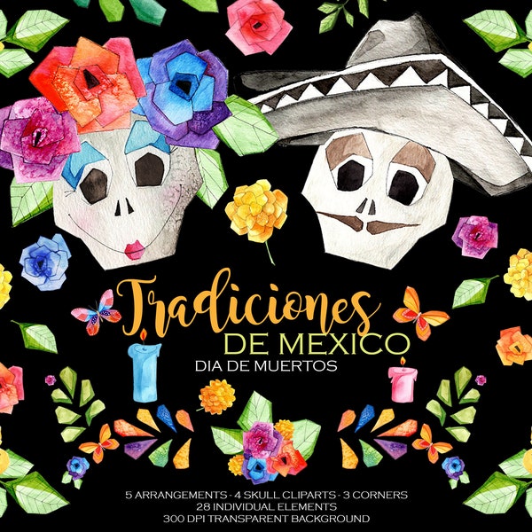 Dia de los Muertos,Watercolor Mexican Floral,Mexican folk art,Fiesta mexicana,Calaveras de azucar,Pan,mexican clipart,catrinas