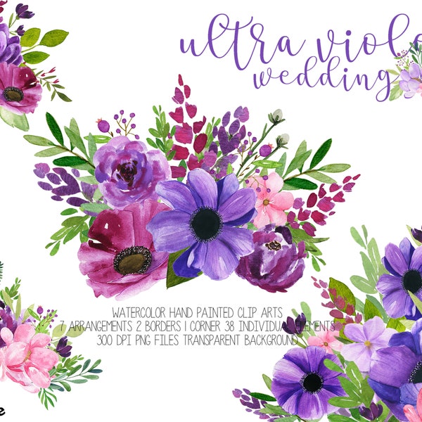 Watercolor purple floral cliparts, Ultra Violet watercolor flowers, Wedding 2018, watercolor Clip Arts,Violet Bridal Bouquet, Wedding invit