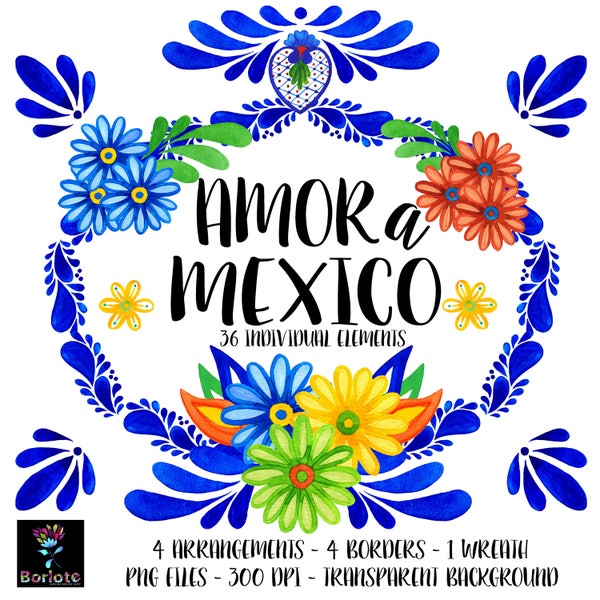 Mexican Wedding, Mexican watercolor floral clipart, Patrones  Mexicanos, Colorful Mexican Flolk Art, Clipart PNG, Fiesta Mexicana, Talavera