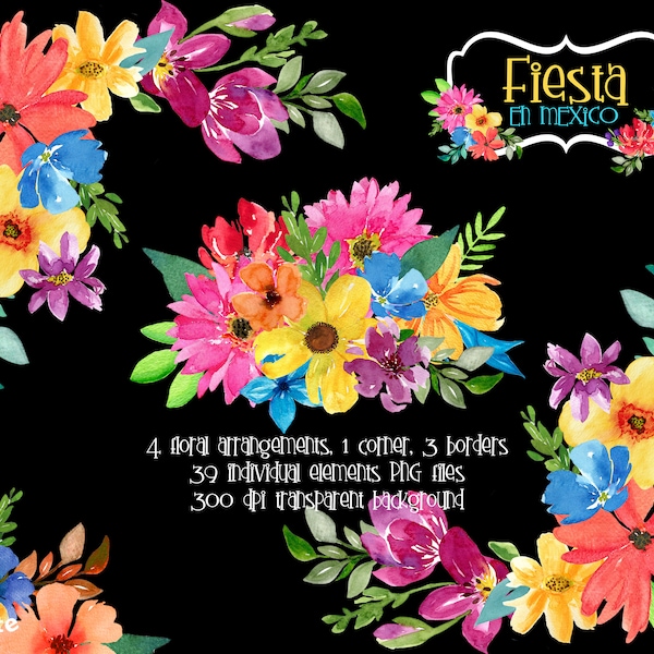 Mexican Watercolor floral clip art, Colorful Fiesta, Fiesta Mexicana, Mexican Party, Clipart PNG, hand painted, Mexican colorful