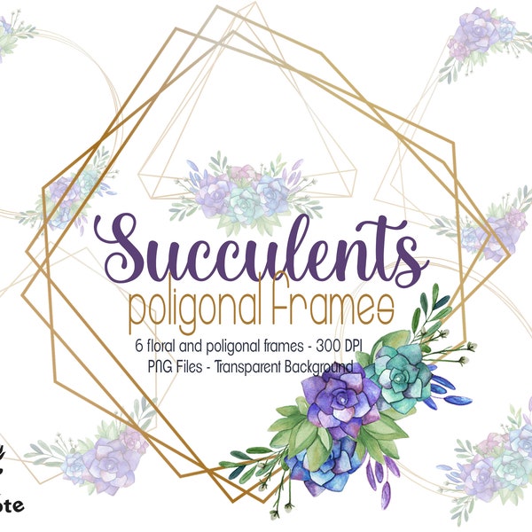 Geometric wedding succulent frames, succulents Poligonal Frames, succulents and floral frames, Elegant frames, clipart frames