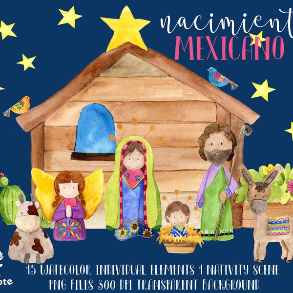Nativity scene, Nativity clipart, Baby jesus, Nativity stable, Watercolor Nativity Scene, Christmas Clipart, Nacimiento Mexicano
