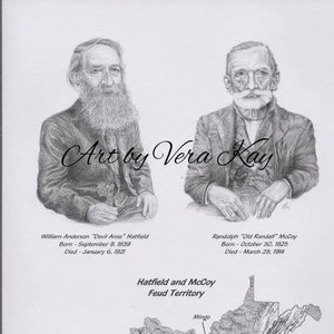 May include: Black and white pencil drawing of William Anderson "Devil Anse" Hatfield and Randolph "Old Randall" McCoy, the famous feuding families of the Hatfield and McCoy feud. The drawing includes a map of the Hatfield and McCoy feud territory in West Virginia.