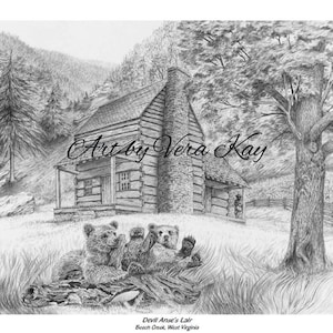 May include: A black and white pencil drawing of a cabin in the woods with two bear cubs sitting on a log in front of it. The cabin is made of logs and has a porch. The drawing is titled "Devil Anse's Lair, Beech Creek, West Virginia".