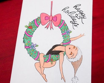 Aro aéreo Lyra Circus para colorear DIY Tarjeta de Navidad navideña imprimible A2 Ilustración de corona Arte lineal