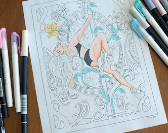 Pole Dance Sit Floral Art Nouveau Estilo Página para colorear digital 8.5"x11"Ilustración de arte de línea para adultos