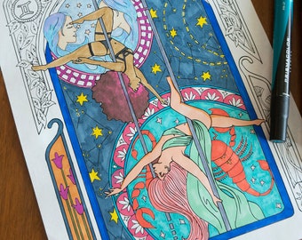 Escorpio y Géminis Pole Dancing Leg Hangs Horóscopo Estilo Art Nouveau Página para colorear digital 8.5"x11"Ilustración de arte de línea para adultos