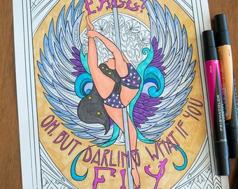 Pole Dance Eagle Needle Scale Art Nouveau Estilo Página para colorear digital 8.5"x11"Ilustración de arte de línea para adultos
