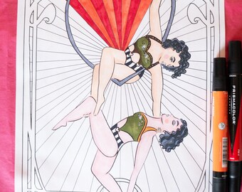 Doubles Hoop Lyra Circus Valentines Aerialist Nouveau Style Página para colorear digital 8.5"x11"Ilustración de arte de línea para adultos