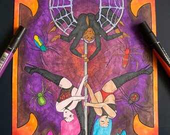 Pole Dance Lyra Spider Halloween Art Nouveau Página para colorear digital 8.5"x11" Ilustración de arte de línea para adultos