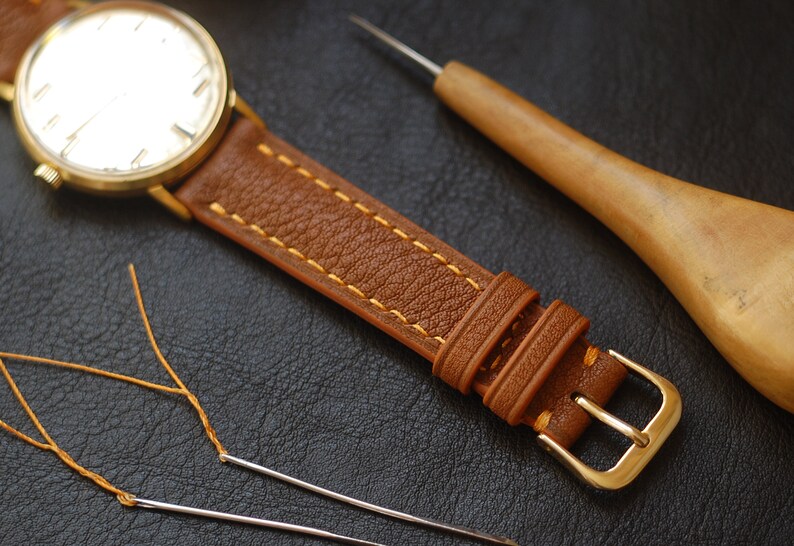 Bracelet de montre en cuir marron clair avec coutures orange 15 mm, 16 mm, 17 mm, 18 mm, 19 mm, 20 mm, 21 mm, 22 mm, 23 mm, 24 mm image 5