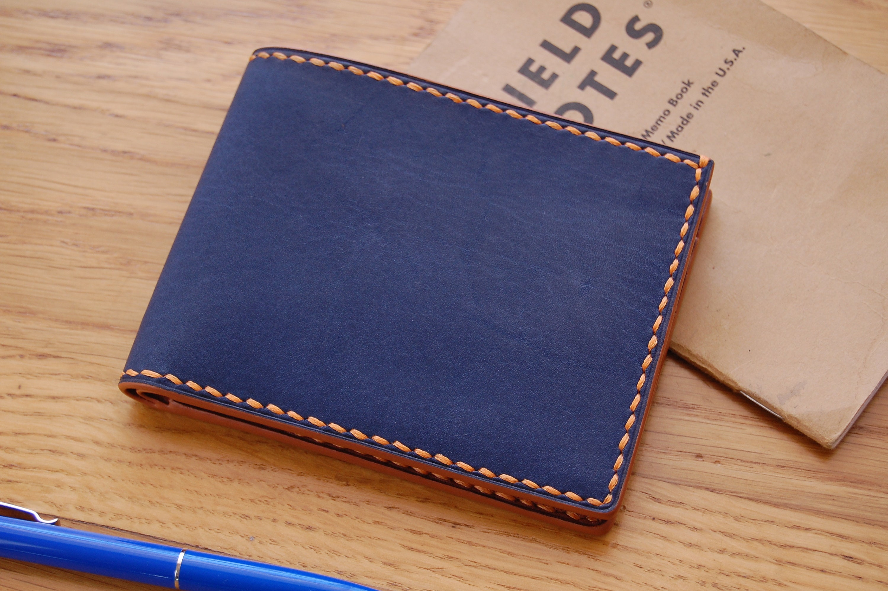 Navy Blue Leather Bifold Wallet Billfold Wallets For Men Mens Etsy