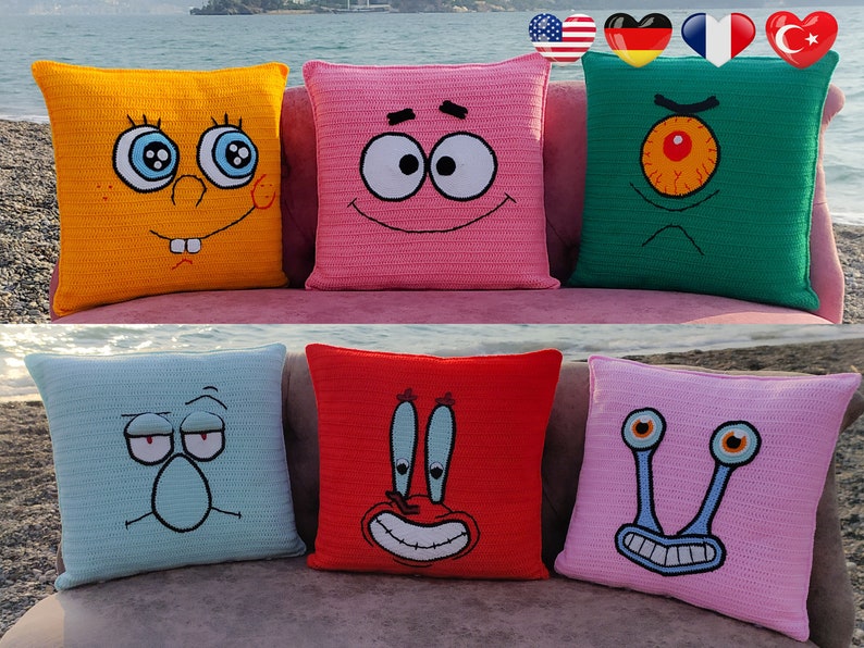 Crochet Pillow Pattern Spongebob Patrick Star Plankton | Etsy