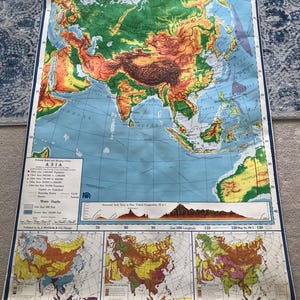 Map - 1960&#39;s Vintage, Rare pull down map - Wall Decor Map of Asia and some of Europe - 1966 printed by A.J. Nystrom in the USA