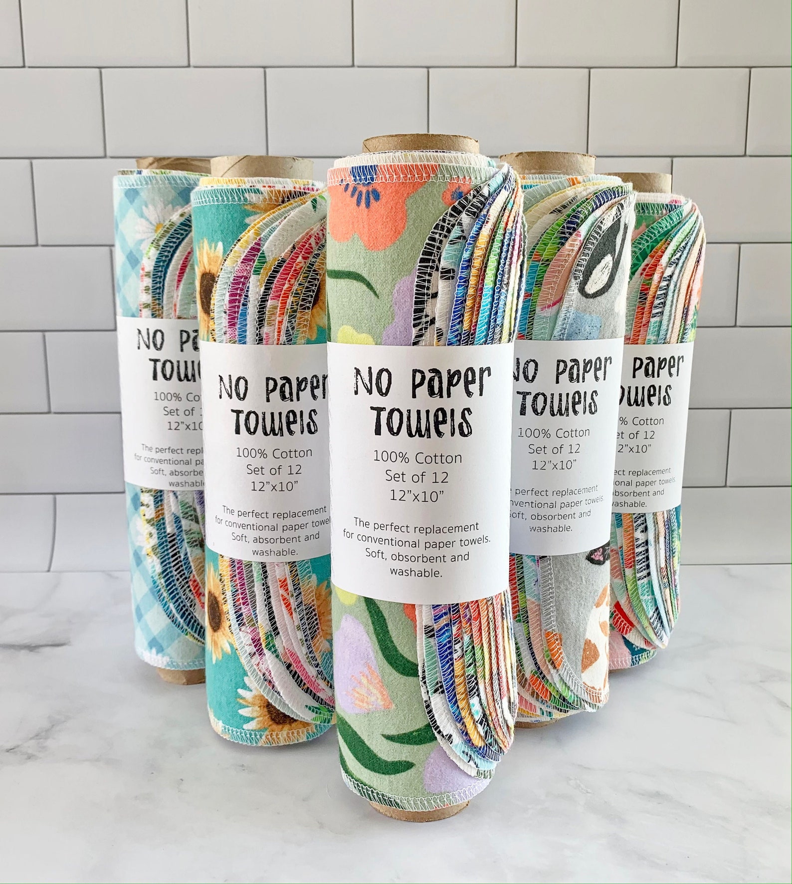 Mixed Print No Paper Towels // Set of 6 or 12 // Cotton Kitchen Wipes - No tube necessary, Set of 12