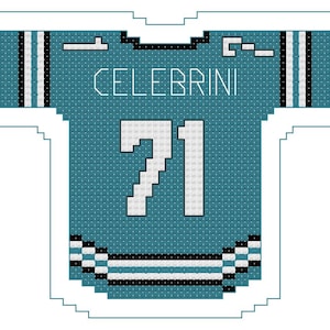 May include: A teal and white hockey jersey design featuring the name "CELEBRINI" above the number "71". The jersey has black and white stripes on the sleeves and bottom hem. The design is pixelated.
