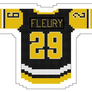 以下が含まれることがあります： 黒と金のホッケーのジャージ。名前は「FLEURY」、番号「29」は金色。袖には番号「9」と「2」が金色で表示されています。ジャージの下部には白と黒のストライプがあります。